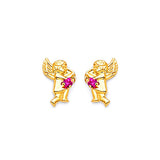 Cupid Stud Earrings with Red CZ in 14K Gold and Butterfly Backing