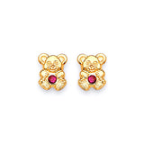 Bear Stud Earrings with Red CZ in 14K Gold and Butterfly Backing