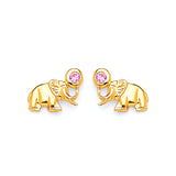 Elephant Stud Earrings with Pink CZ in 14K Gold and Butterfly Backing