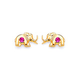 Elephant Stud Earrings with Red CZ in 14K Gold and Butterfly Backing