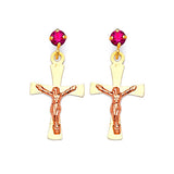 Crucifix Dangling Earrings with Red CZ in 14K Two-Tone Gold and Butterfly Backing