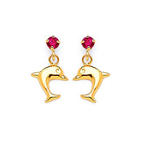 Dolphin Dangling Earrings with Red CZ in 14K Gold and Butterfly Backing