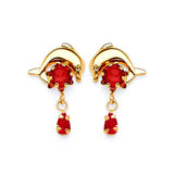 Dolphin Dangling Earrings with Red CZ in 14K Gold and Butterfly Backing