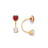 Heart Telephone Stud Earrings with Red & White CZ in 14K Gold and Screw Backing