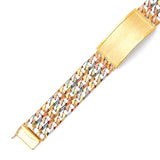 Figaro Mens Border ID Bracelet In 14K Tri-Color Gold