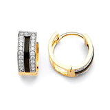 Huggie Earrings with White CZ and Onyx in 14K Two-Tone Gold