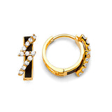 Huggie Earrings with White CZ and Onyx in 14K Gold