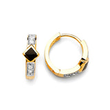 Huggie Earrings with White CZ and Onyx in 14K Two-Tone Gold