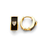 Heart Huggie Earrings with White CZ and Onyx in 14K Gold