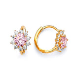 Flower Huggie Earrings with Pink & White CZ in 14K Gold