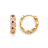 Flower Huggie Earrings with Red & White CZ in 14K Gold