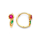 Flower Huggie Earrings with Red & Green CZ in 14K Gold