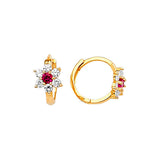 Flower Huggie Earrings with Red & White CZ in 14K Gold