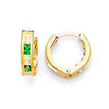 Huggie Earrings with Green & White CZ in 14K Gold