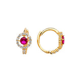 Huggie Earrings with Red & White CZ in 14K Gold