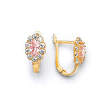 Huggie Earrings with Pink & White CZ in 14K Gold