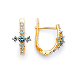 Cross Huggie Earrings with Light Blue & White CZ in 14K Gold