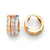 Huggie Earrings with White CZ in 14K Tri-Color Gold