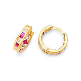 Huggie Earrings with Red & White CZ in 14K Gold