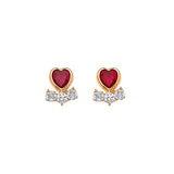 Heart Stud Earrings with Red & White CZ in 14K Gold and Screw Backing