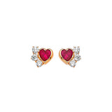 Heart Stud Earrings with Red & White CZ in 14K Gold and Screw Backing