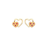 Heart Stud Earrings with Red CZ in 14K Gold and Screw Backing