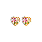 Heart Stud Earrings with Multi-Color CZ in 14K Gold and Butterfly Backing