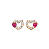 Heart Stud Earrings with Red & White CZ in 14K Gold and Butterfly Backing