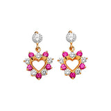 Heart Dangling Earrings with Red & White CZ in 14K Gold and Butterfly Backing