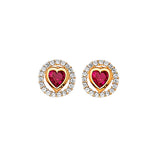 Heart Stud Earrings with Red & White CZ in 14K Gold and Butterfly Backing