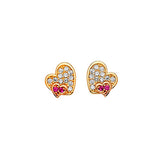 Heart Stud Earrings with Red & White CZ in 14K Gold and Butterfly Backing