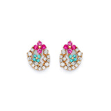 Flower Stud Earrings with Red & Blue CZ in 14K Gold and Butterfly Backing