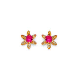 Flower Stud Earrings with Red CZ in 14K Gold and Screw Backing