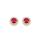 Solitaire Stud Earrings with Red & White CZ in 14K Gold and Screw Backing