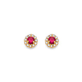 Solitaire Stud Earrings with Red & White CZ in 14K Gold and Screw Backing