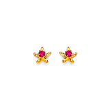 Flower Stud Earrings with Red CZ in 14K Gold and Screw Backing