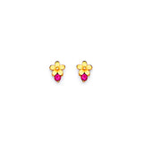 Flower Stud Earrings with Red CZ in 14K Gold and Screw Backing