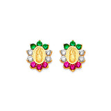 Guadalupe Stud Earrings with Green, White & Red CZ in 14K Gold and Butterfly Backing