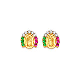 Guadalupe Stud Earrings with Green, White & Red CZ in 14K Gold Screw Back