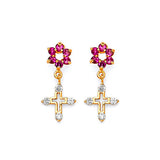 Cross Dangling Earrings with Red & White CZ in 14K Gold and Butterfly Backing