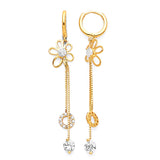 Flower Tassel Earrings with White CZ in 14K Gold