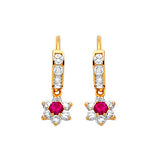 Flower Drop Earrings with Red & White CZ in 14K Gold