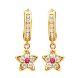 Flower Drop Earrings with Red & White CZ in 14K Gold