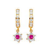 Flower Drop Earrings with Red & White CZ in 14K Gold