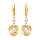 Flower Drop Earrings with White CZ and Pearl in 14K Gold