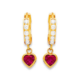 Heart Drop Earrings with Red & White CZ in 14K Gold