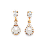 Dangling Earrings with White CZ and Pearl in 14K Gold and Butterfly Backing