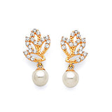 Dangling Earrings with White CZ and Pearl in 14K Gold and Butterfly Backing