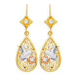 Dove Drop Earrings with White CZ in 14K Tri-Color Gold