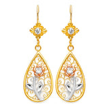 Flower Drop Earrings with White CZ in 14K Tri-Color Gold